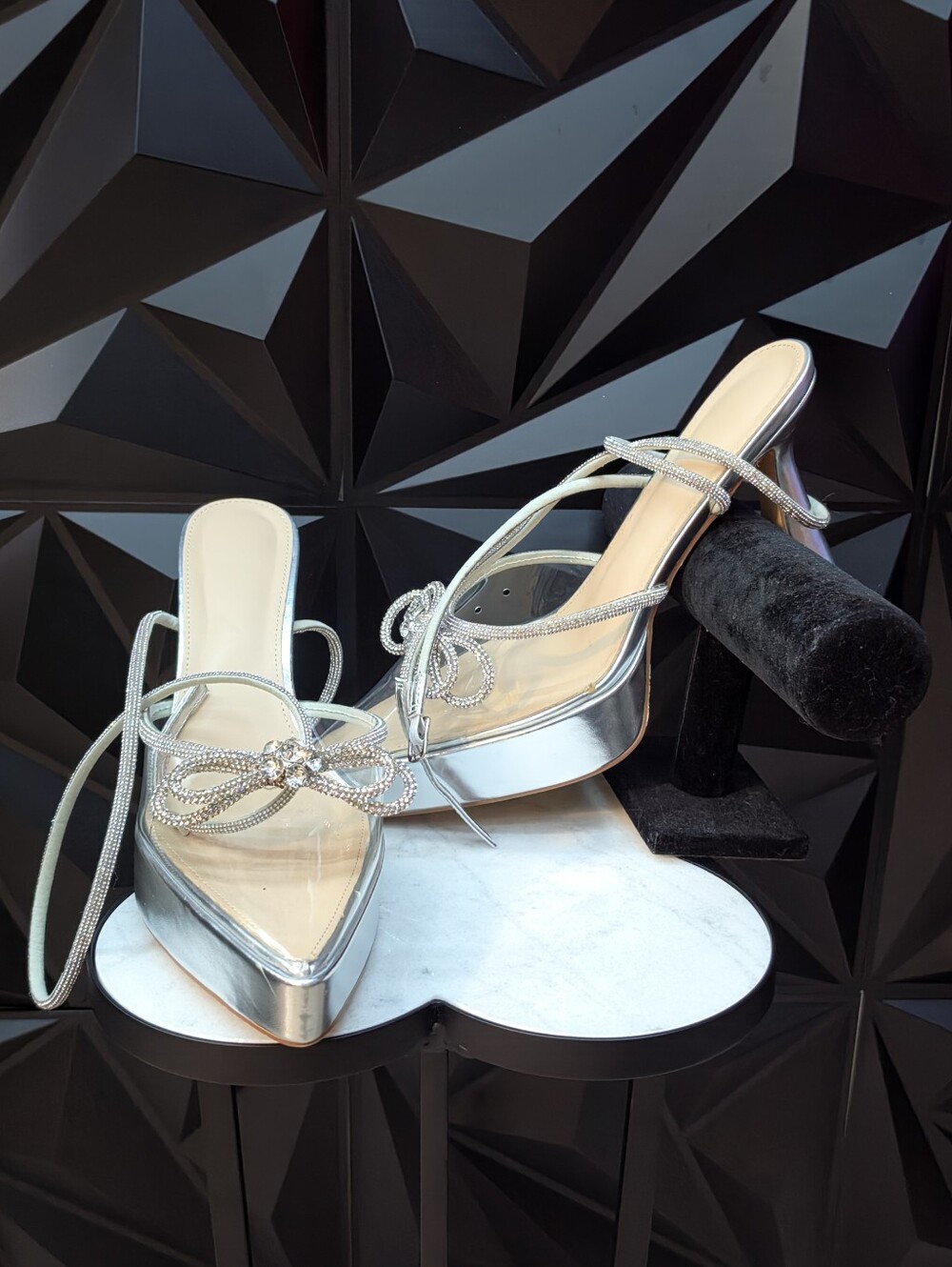 Clear Pointed Toe  Heels with Rhinestone Bow